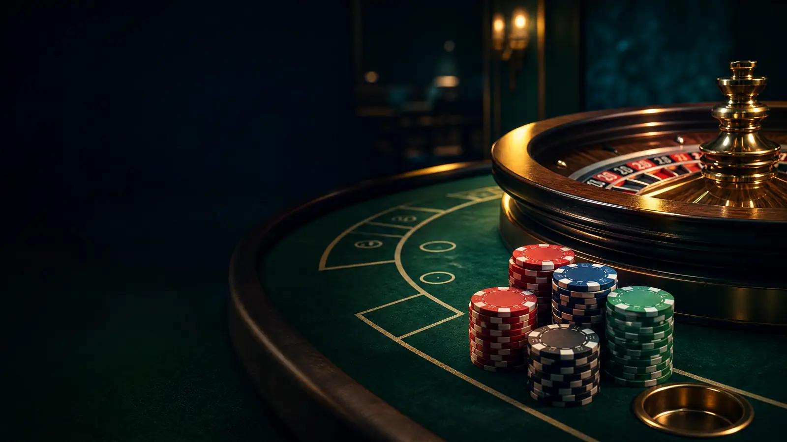 Meja kasino hijau dengan roda roulette, chip, dan pencahayaan kuningan yang hangat