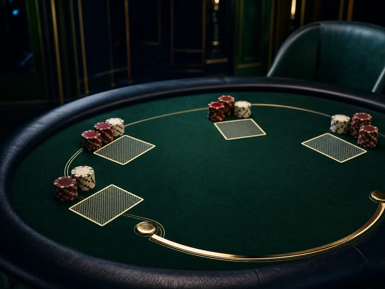 Meja poker kain hijau dengan kartu tertutup dan chip tanpa merek